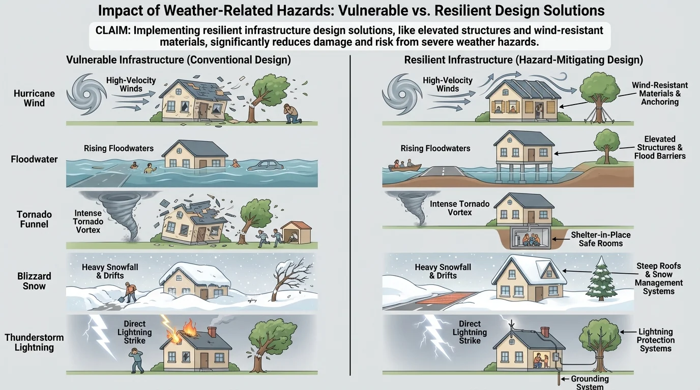 Illustrated comparison of hurricane wind, floodwater, tornado funnel, blizzard snow, and thunderstorm lightning affecting homes, roads, trees, and people