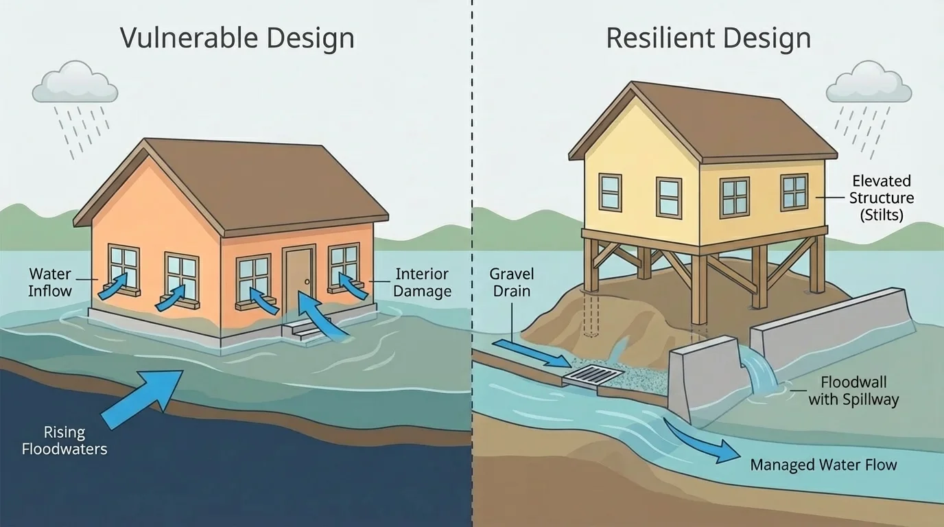 Side-by-side flood scene with one low house taking in water and one raised house on stilts with drains and barriers guiding water away