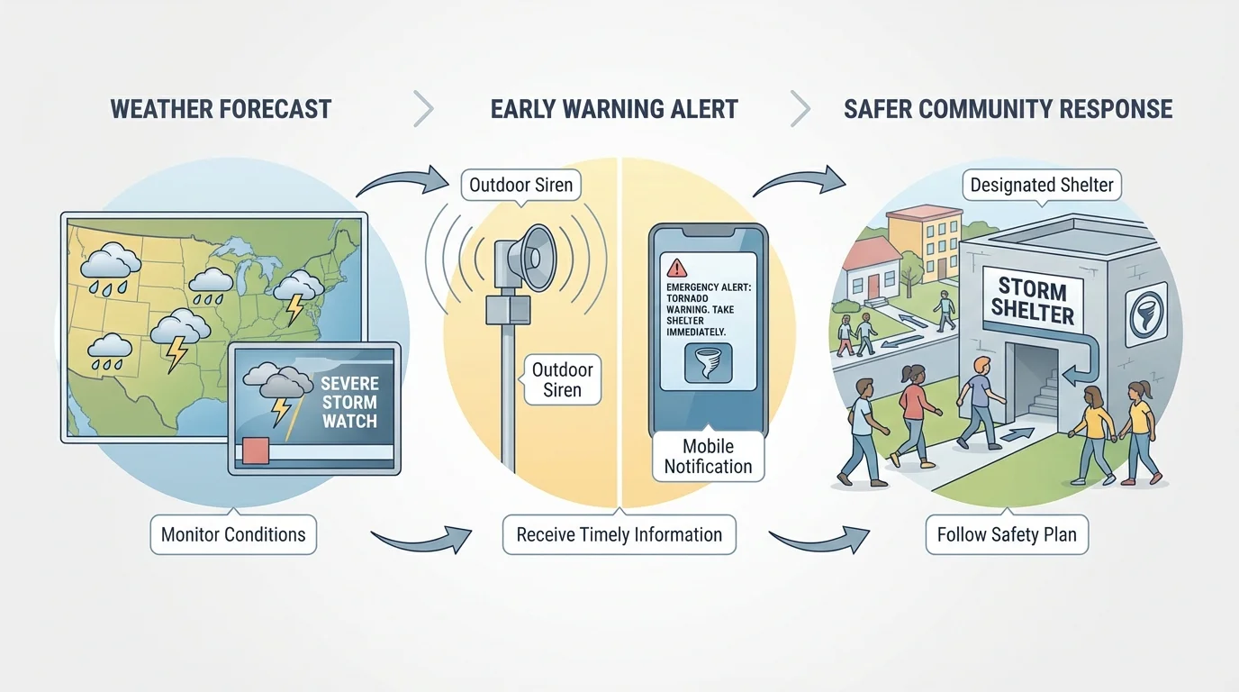 Weather forecast leading to alert by siren or phone, then people moving to shelter for safer community response