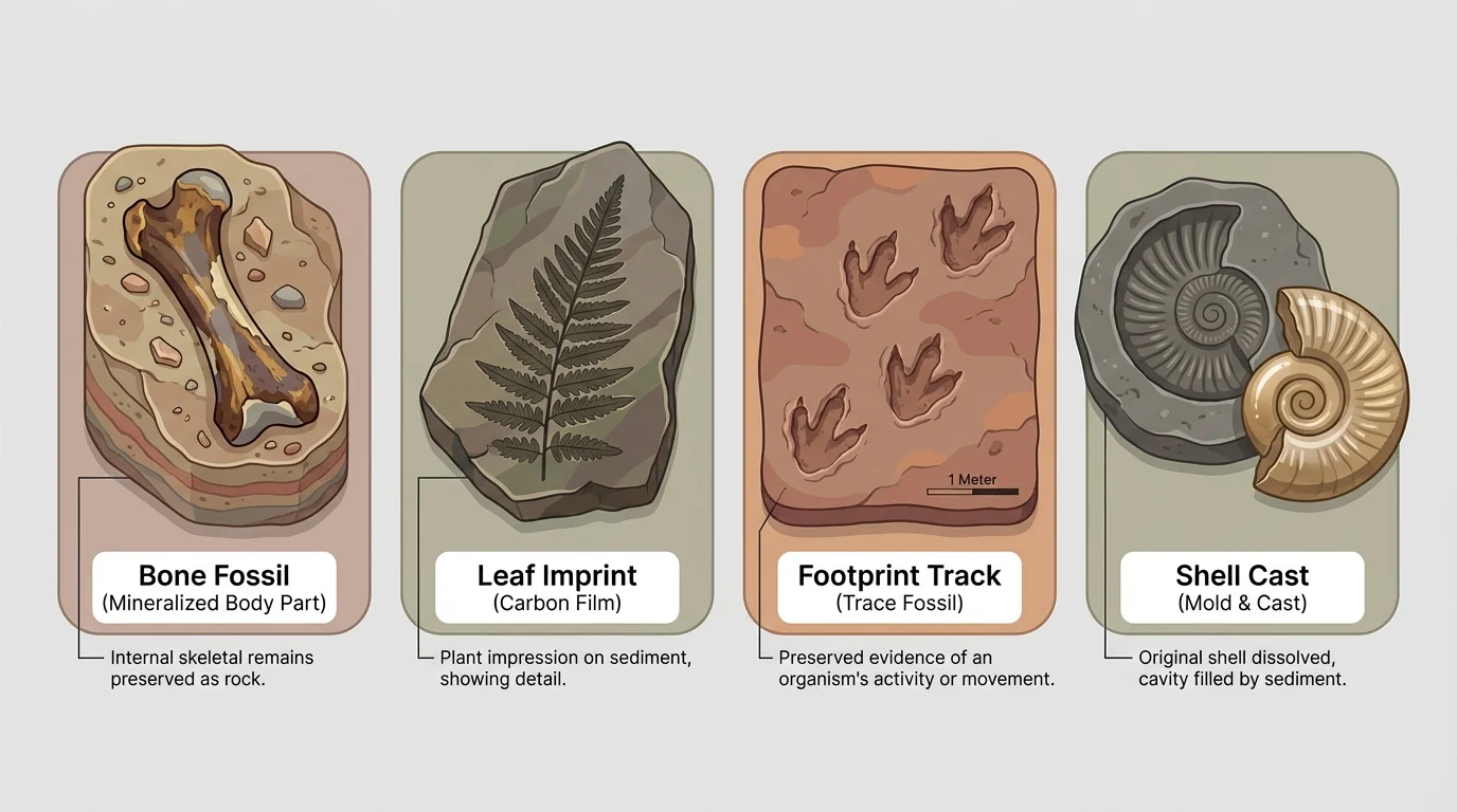 Comparison of a bone fossil, leaf imprint, footprint track, and shell cast with short labels