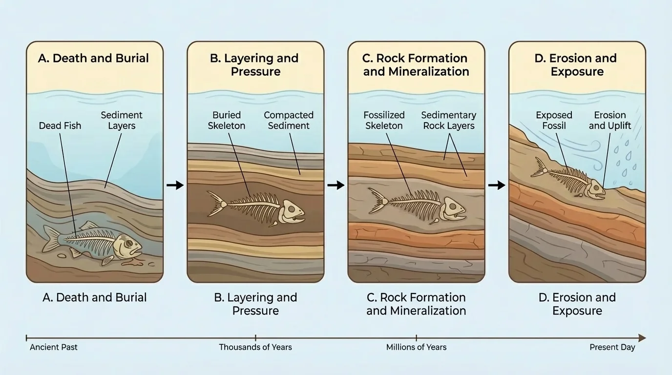 Layers of mud covering a dead fish, hard parts buried, rock forming, and fossil later exposed by erosion