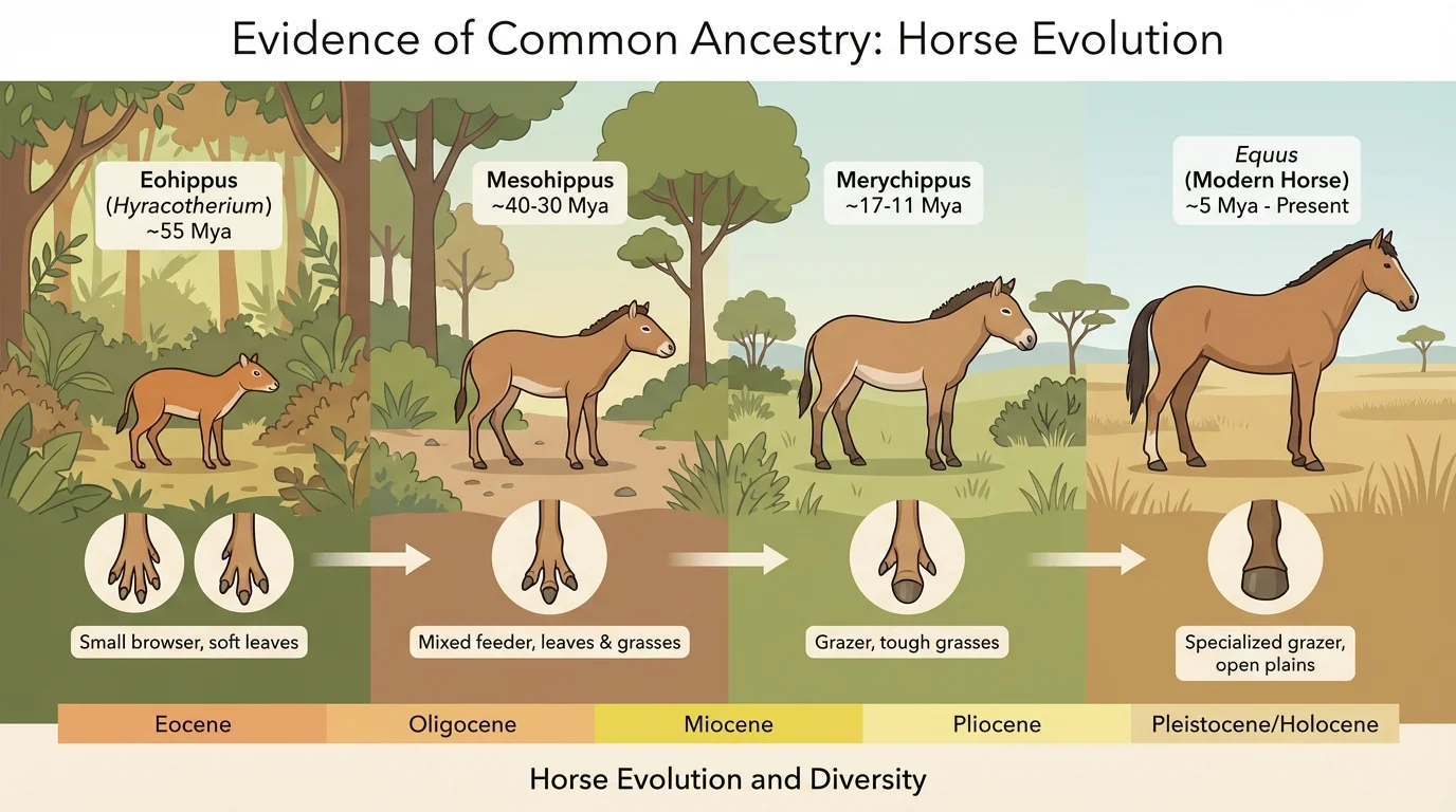 Sequence of ancient horse-like animals from smaller many-toed form to modern horse with one hoof