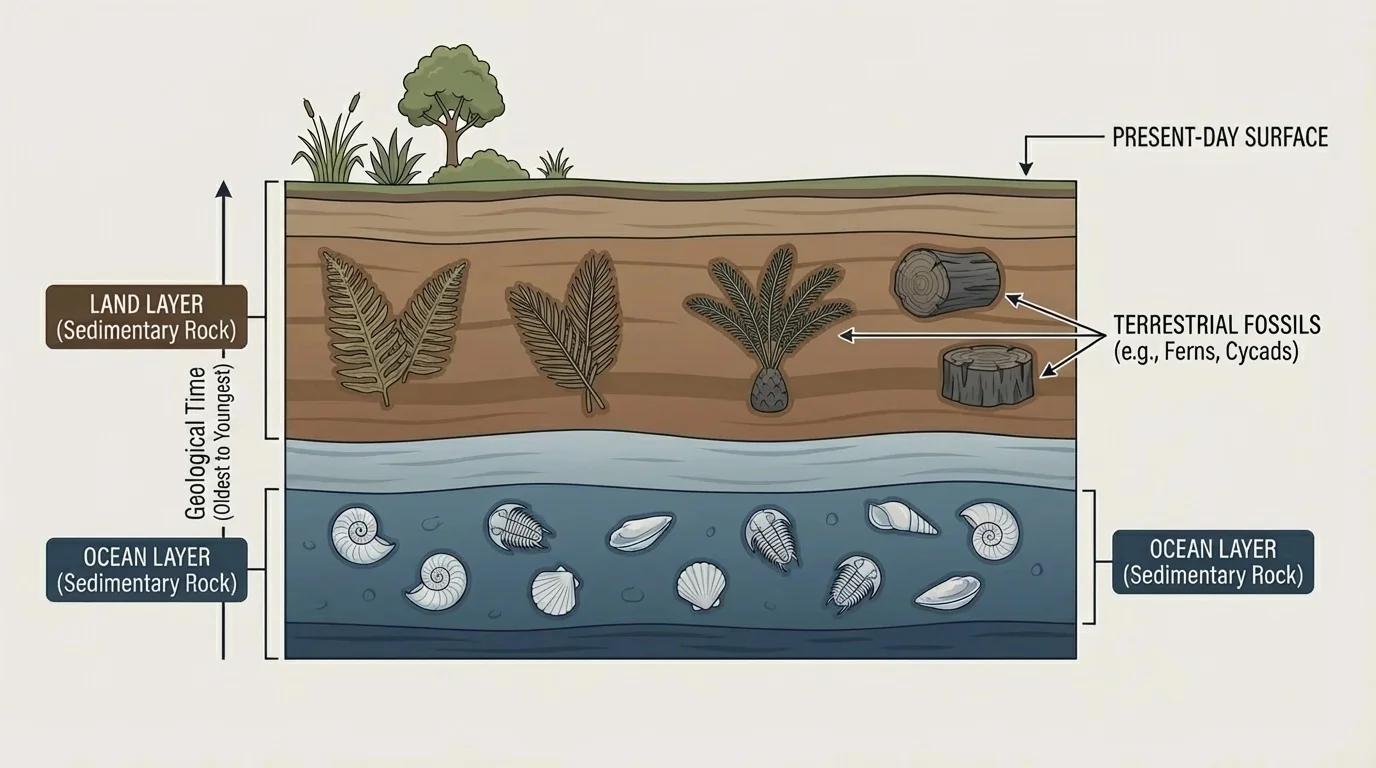 Cross-section of rock layers showing shells in lower ocean layer and plant fossils in upper land layer