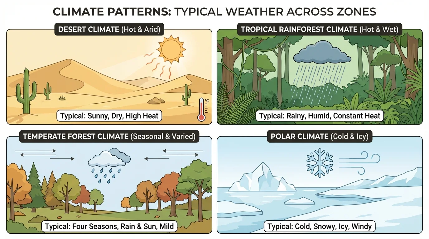 Four-panel world scene showing desert, tropical rainforest, temperate forest, and polar icy landscape with typical weather in each