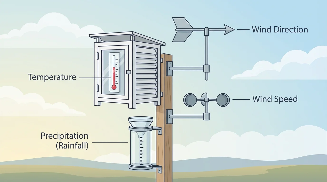 Weather station with thermometer, rain gauge, wind vane, and anemometer labeled with the weather property each measures