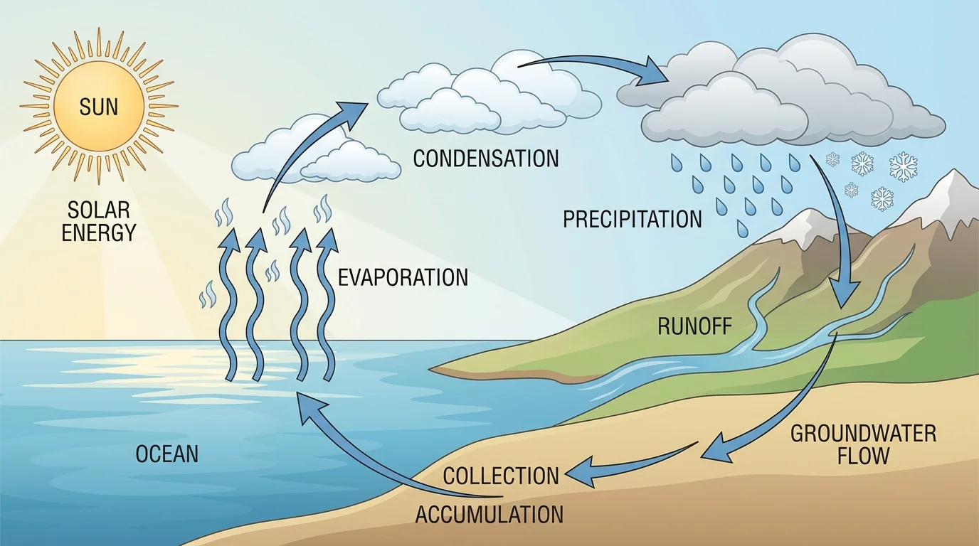 Water cycle diagram with sun heating water, evaporation, clouds, rain, runoff, and collection in rivers and oceans