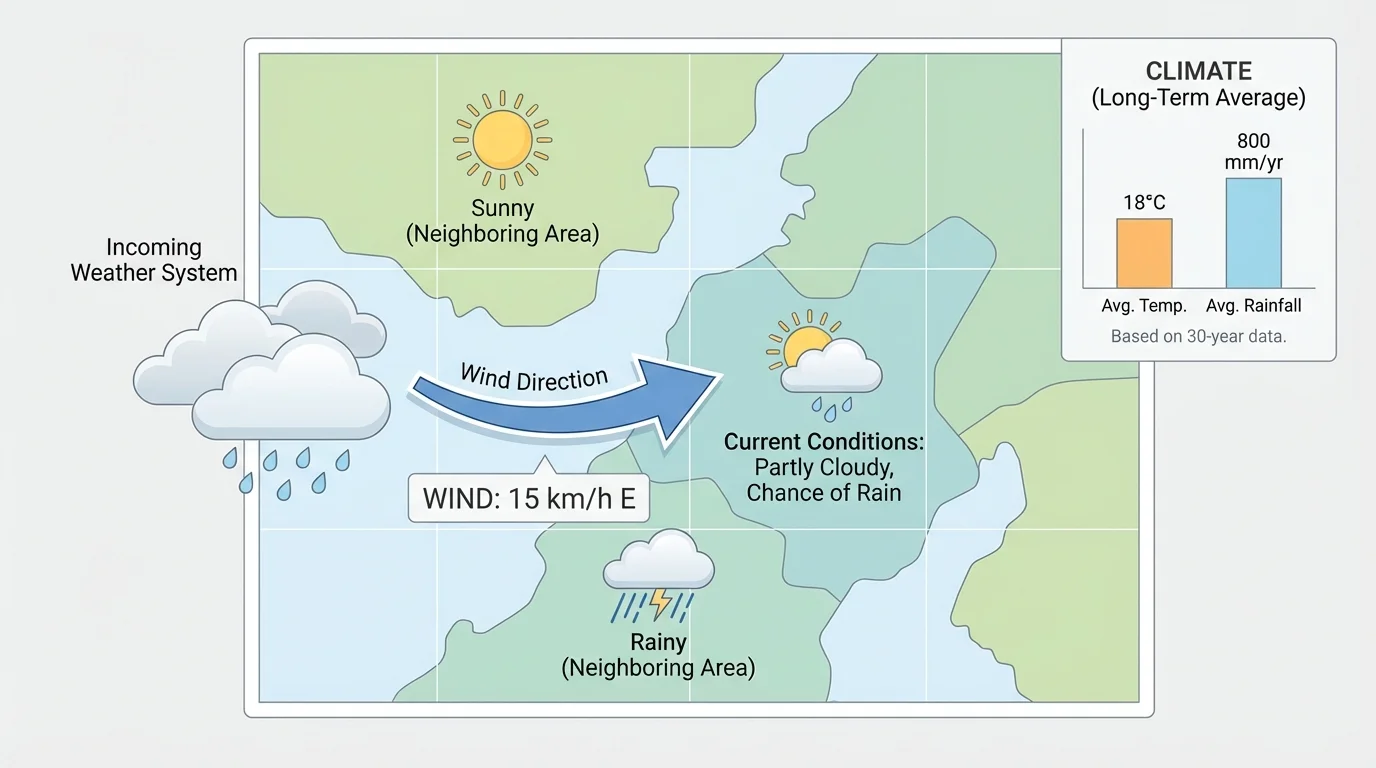 Simple local weather map with clouds moving in, arrows for wind direction, sun and rain symbols for neighboring areas