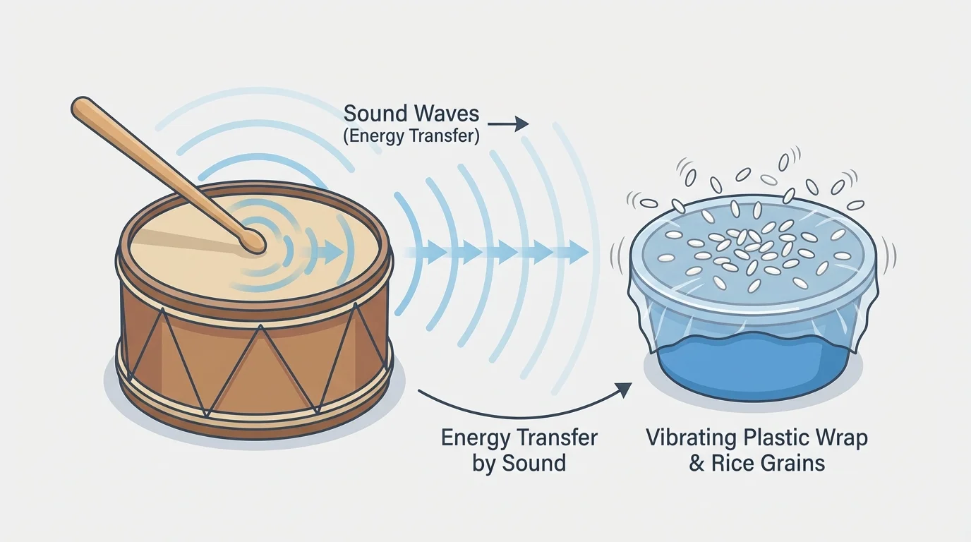Drum being hit with sound waves moving outward and nearby plastic wrap with rice grains shaking from the vibrations