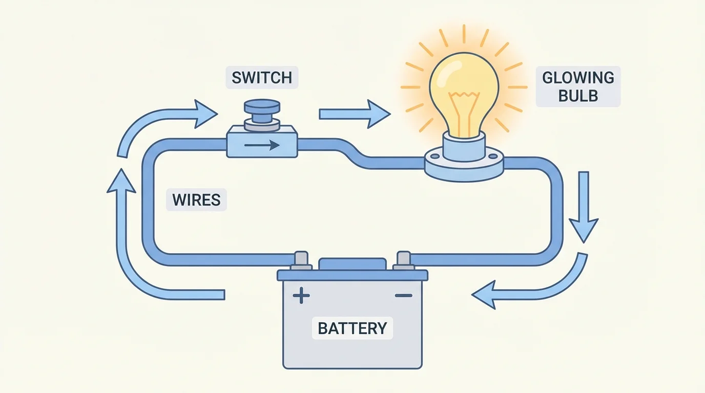 Simple closed circuit with battery, wires, switch, and glowing bulb, with arrows showing current path