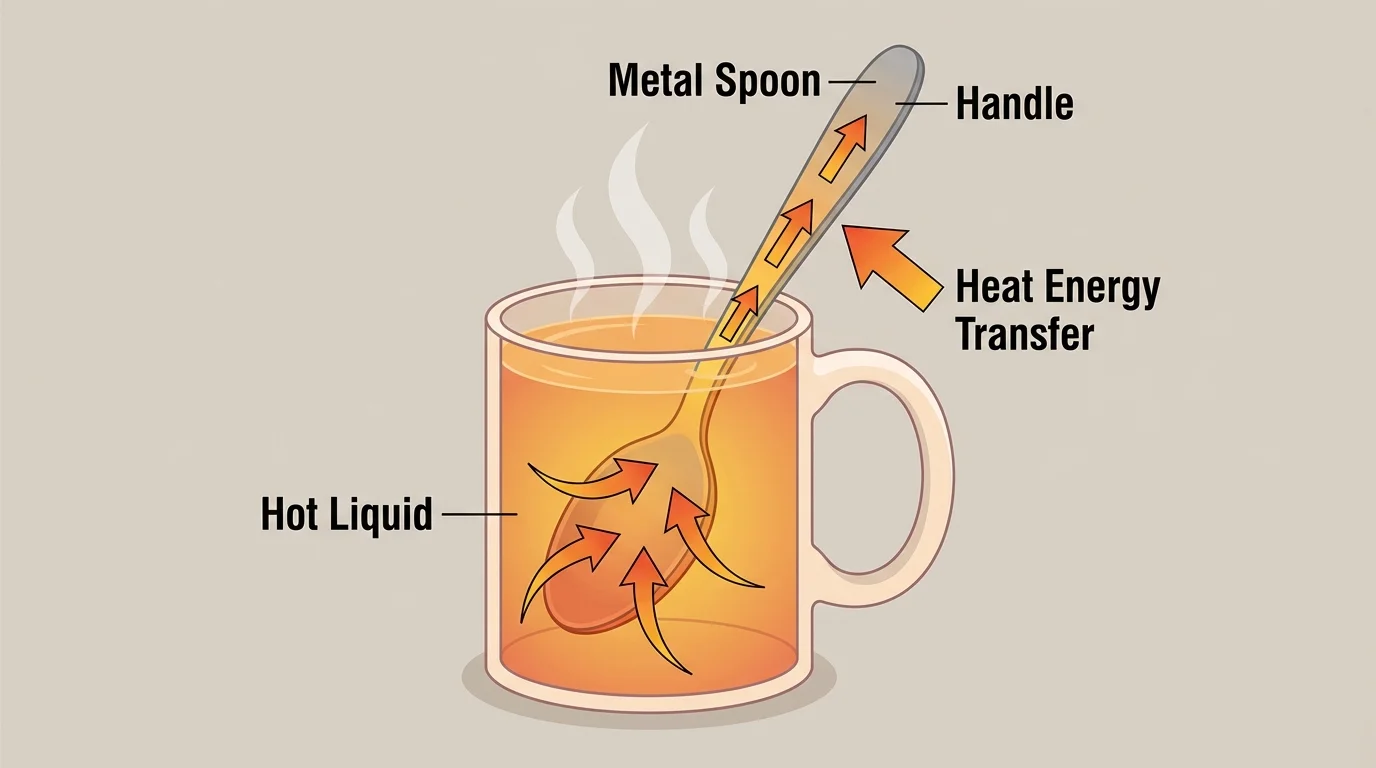 Hot mug with a metal spoon inside, arrows showing heat moving from the hot liquid into the spoon and toward the handle