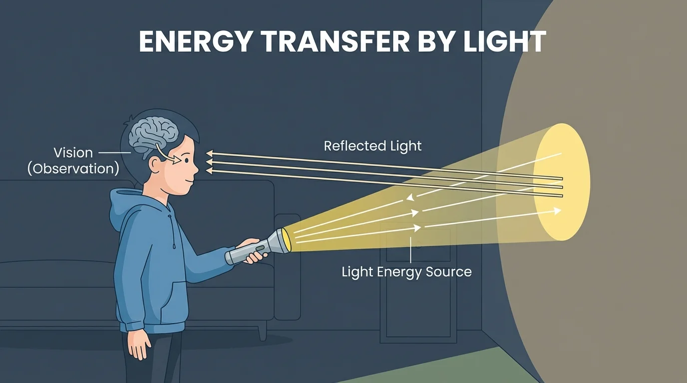 Child shining a flashlight toward a wall in a dark room, with arrows from flashlight to wall and from wall to eyes