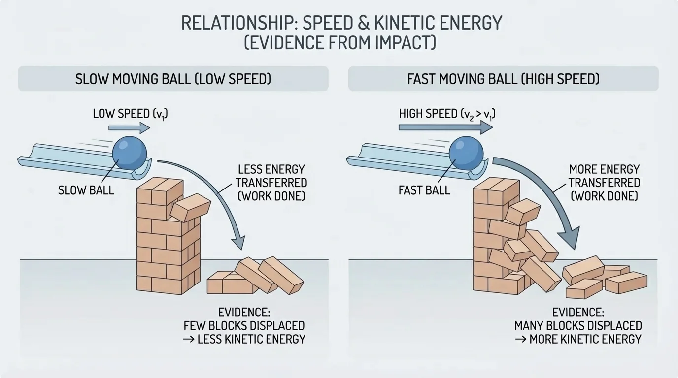 Two similar balls rolling into block towers, one ball moving slowly and knocking down a few blocks, the other moving quickly and knocking down more blocks