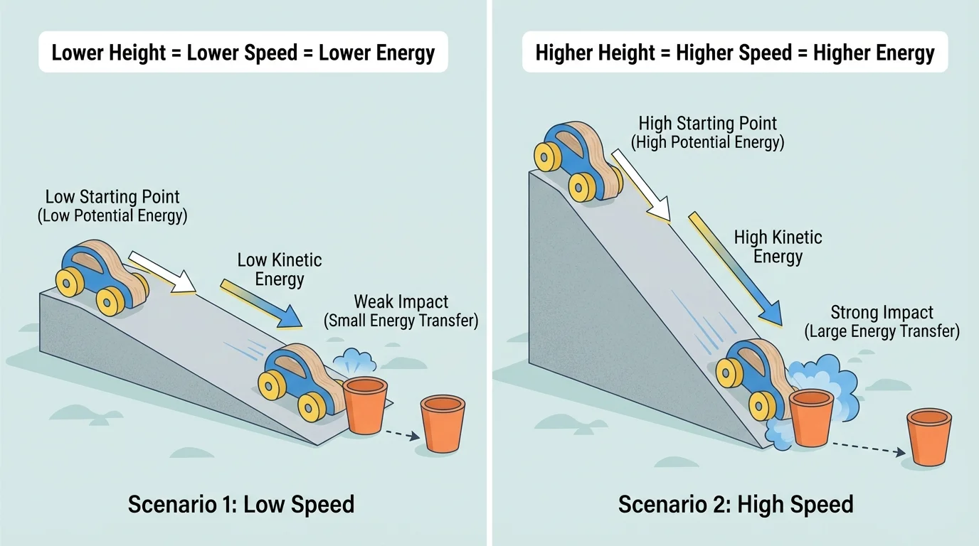 Ramp with the same toy car released from a low starting point and a high starting point, rolling into the same target cup, with the higher start causing a stronger impact
