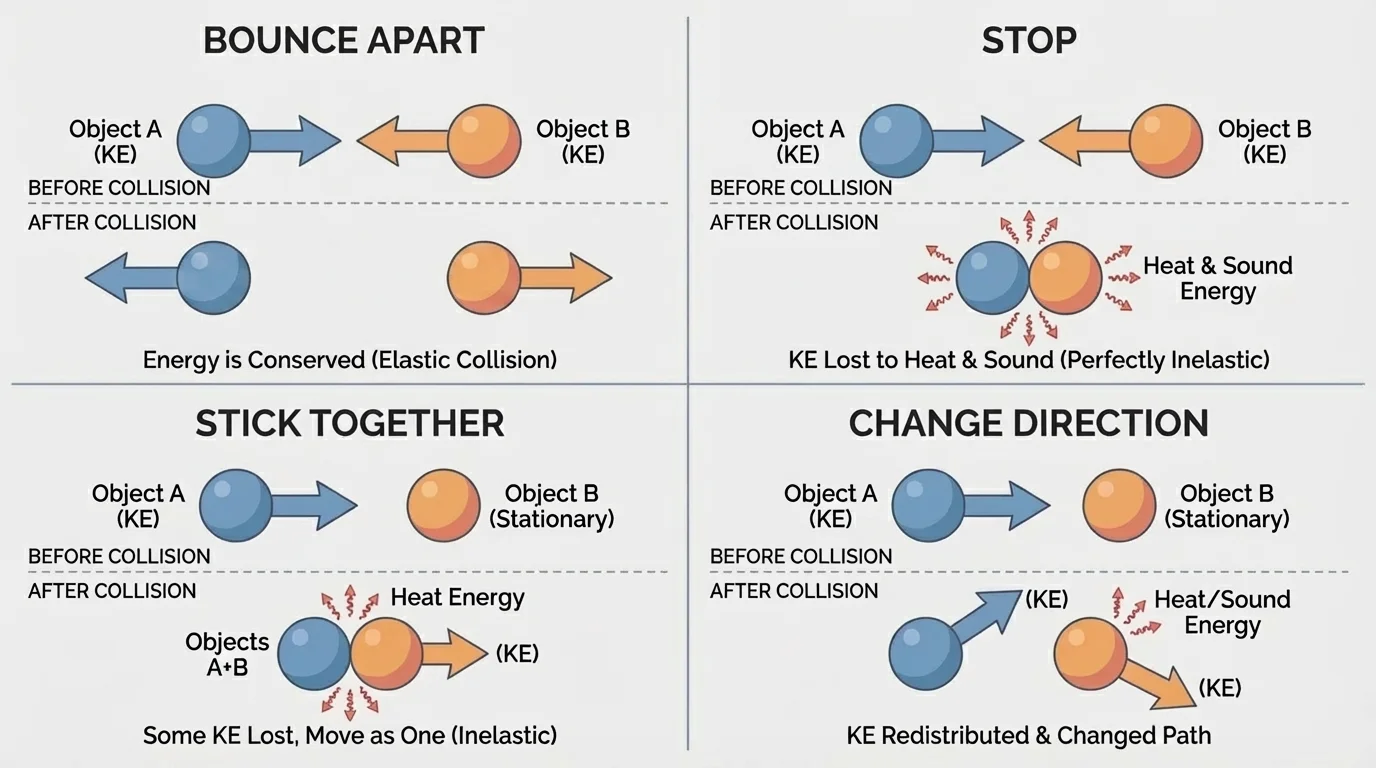 Four-panel comparison showing collision outcomes: bounce apart, stop, stick together, and change direction