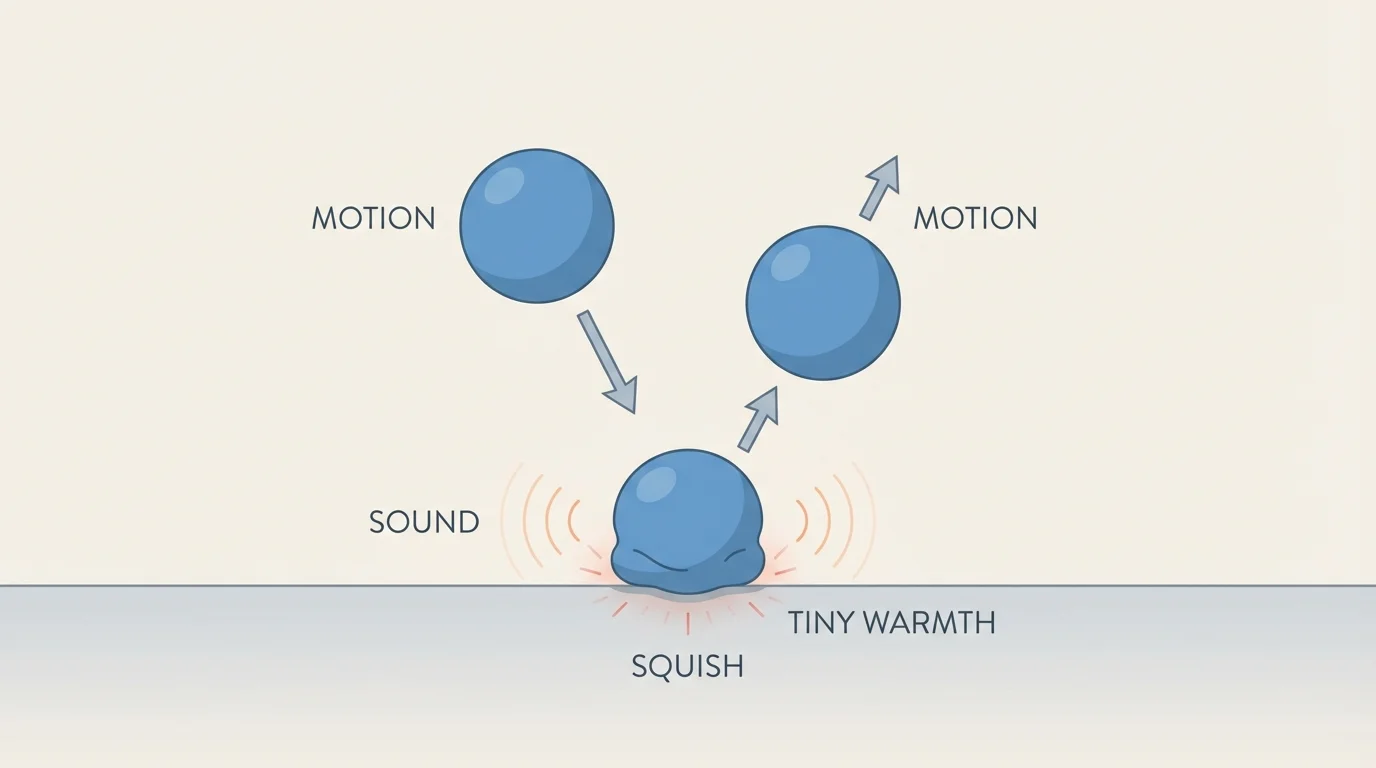 A ball falling to the floor, squishing at impact, then bouncing upward, with concise labels for motion, squish, sound, and tiny warmth