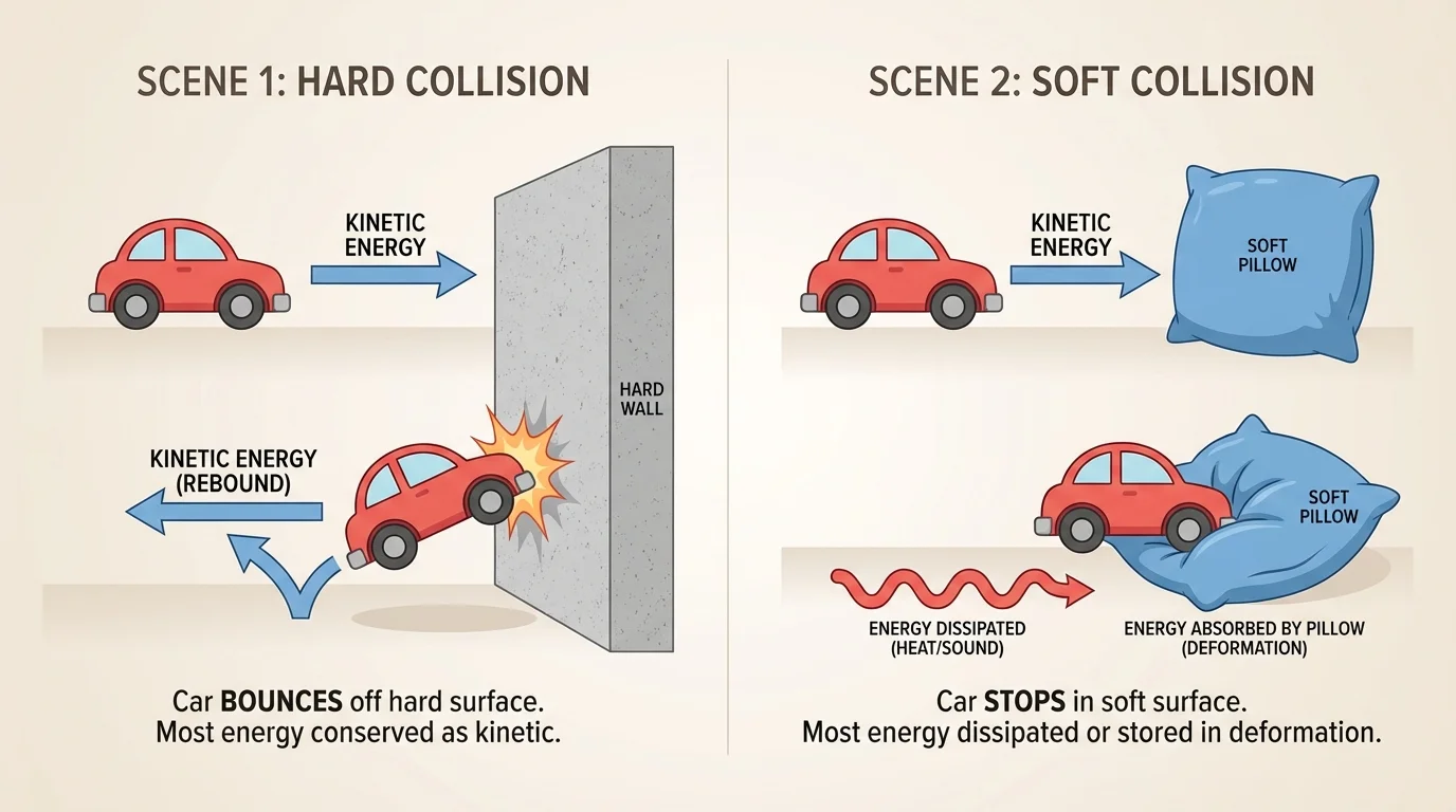 The same toy car rolling into a hard wall in one scene and into a soft pillow in another, showing bounce versus stopping