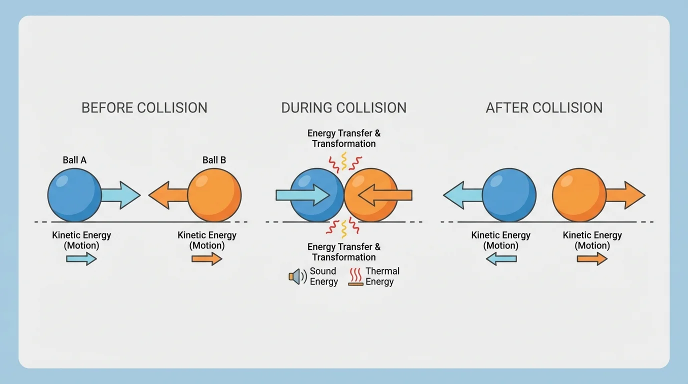 Two rolling balls colliding on a flat surface, with arrows showing motion before contact and different motions after contact