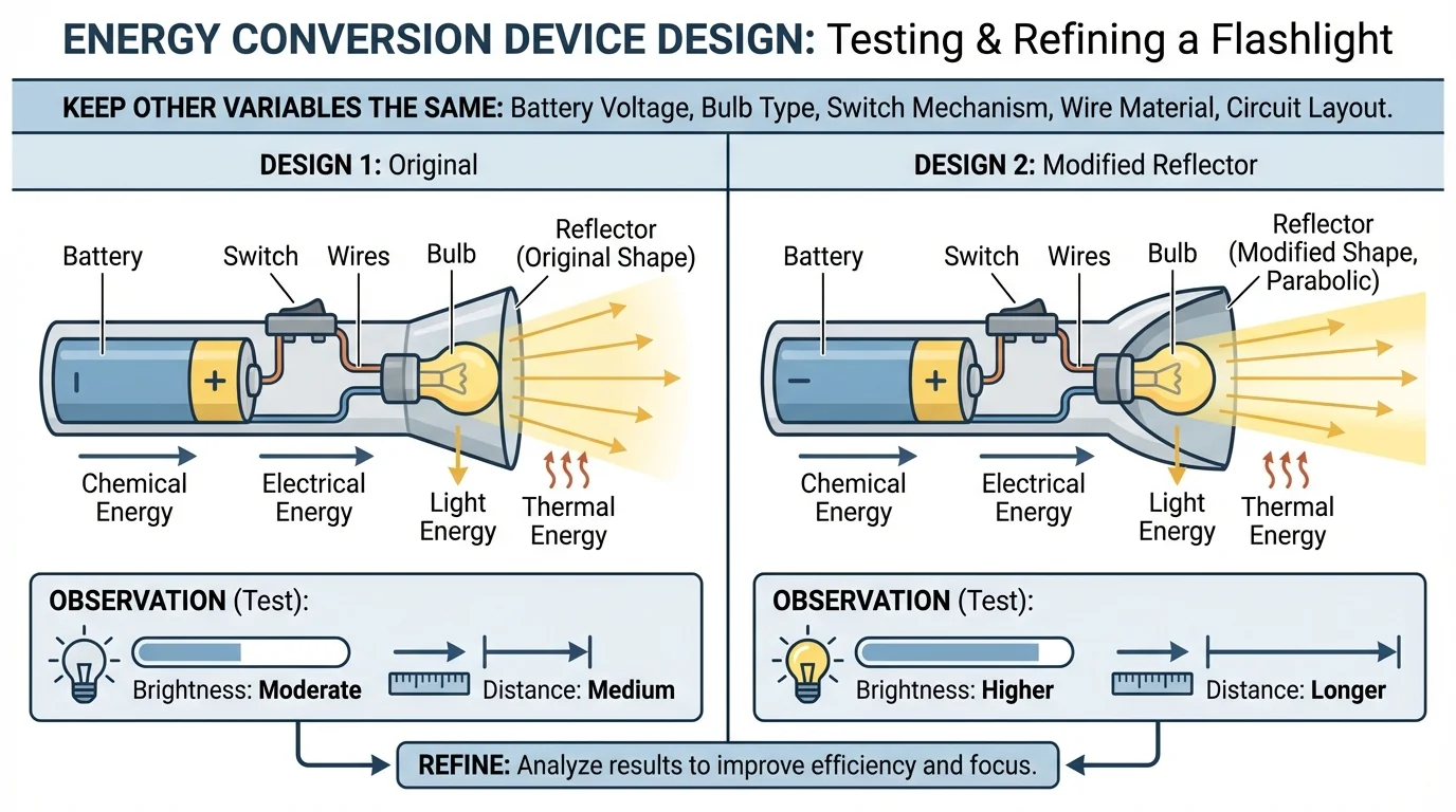 comparison chart of two flashlight or toy-car designs with one changed feature, observation boxes for brightness or distance, and labels showing keep other variables the same