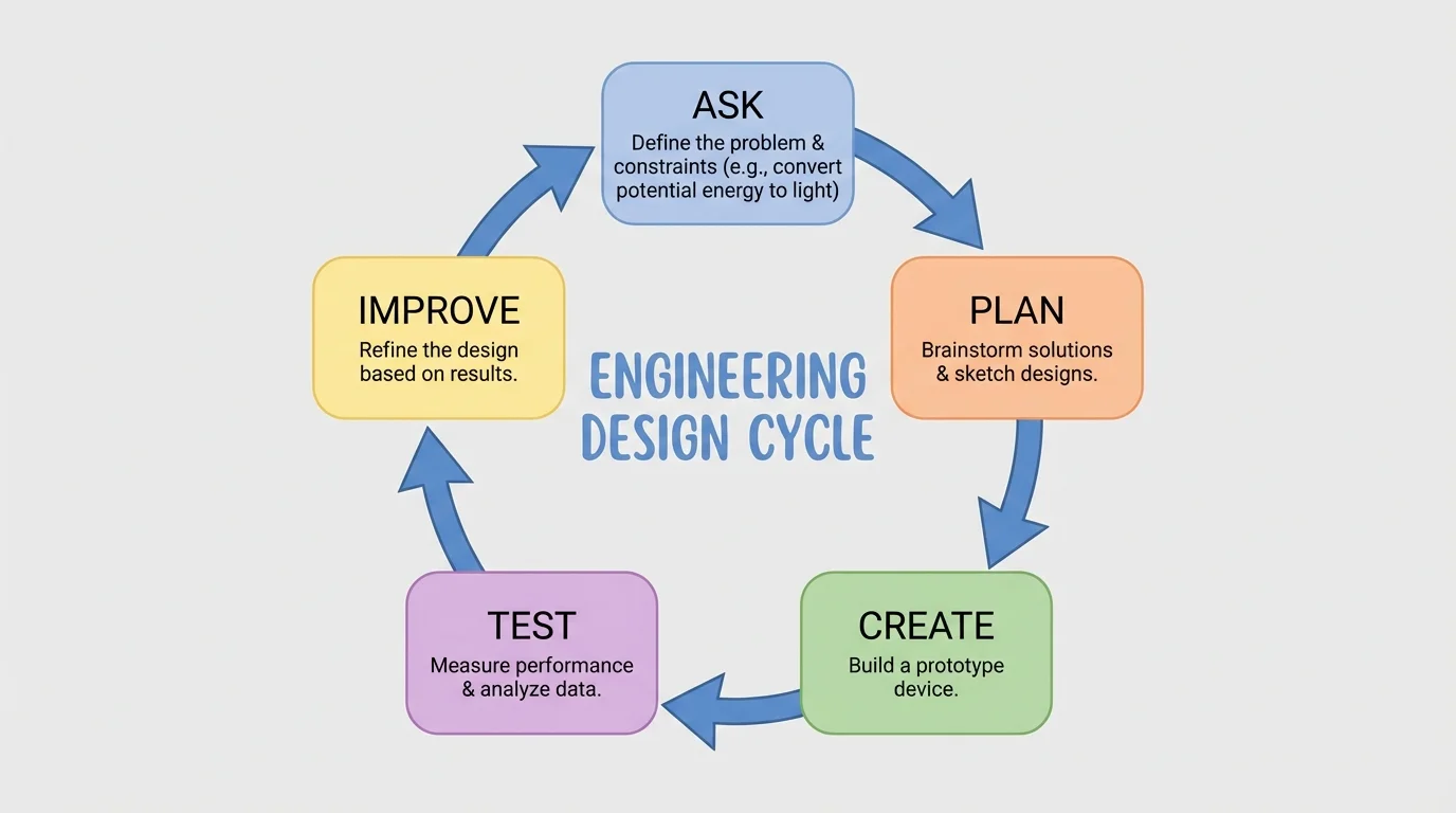 simple engineering design cycle with five labeled steps ask, plan, create, test, improve connected by arrows in a loop