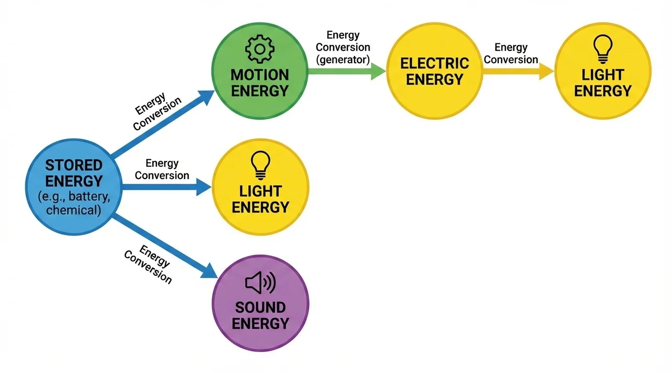 simple labeled energy-conversion diagram with arrows from stored energy to motion, light, and sound, and from motion energy to electric energy, then to light