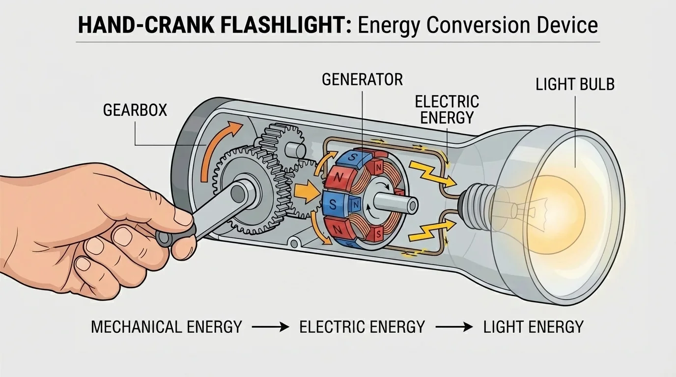 labeled hand-crank flashlight with hand turning crank, gears or spinning part inside, arrows showing motion to electric energy, and bulb glowing