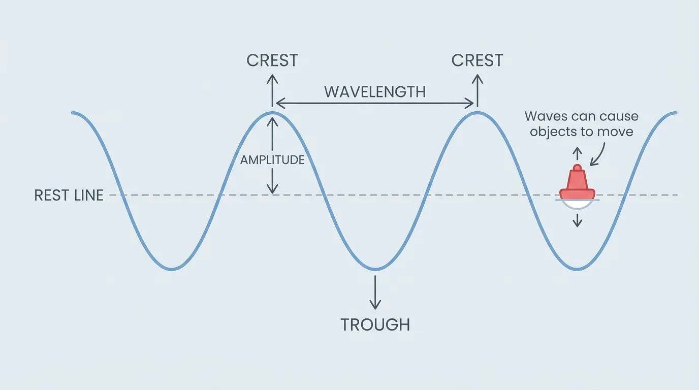 Labeled transverse wave showing crest, trough, rest line, vertical amplitude, and horizontal wavelength arrows