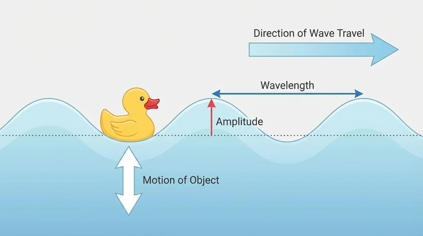 Small water waves passing under a floating toy duck, causing it to bob up and down