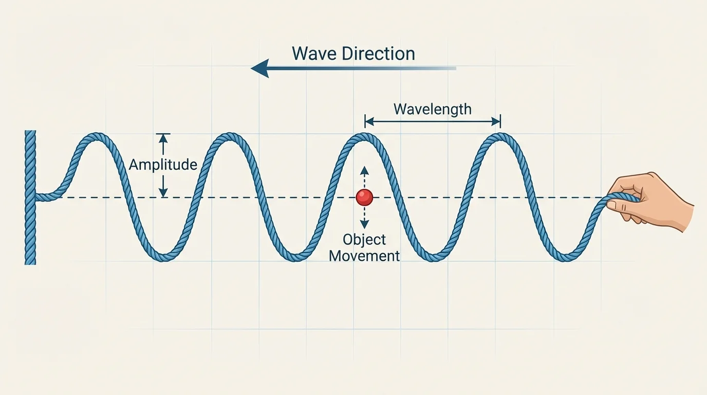 Rope wave model with one end shaken and repeating humps moving along the rope