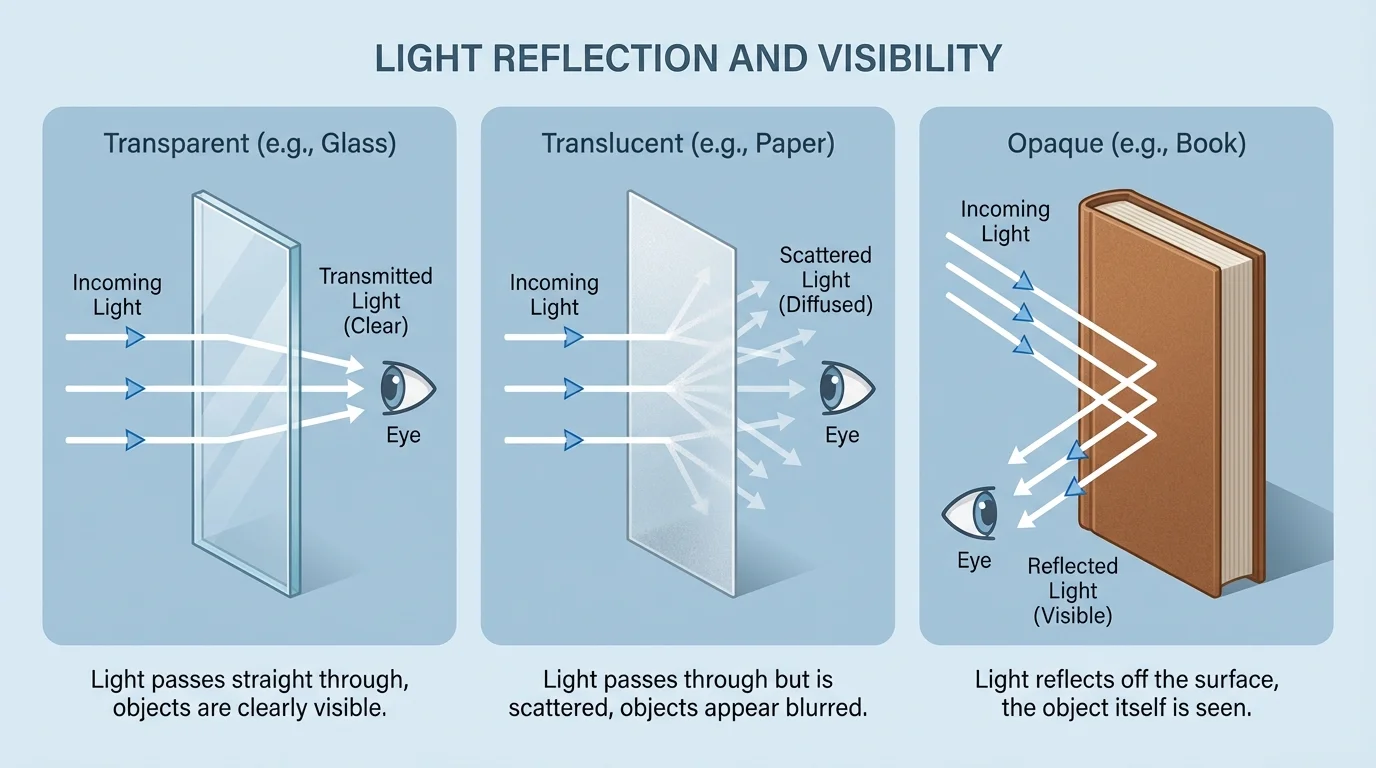 Three panels side by side. Panel 1: transparent glass with straight light rays passing through to an eye on the other side. Panel 2: translucent paper with some light rays passing through but scattering. Panel 3: opaque book blocking light; light rays reflect from its front surface to an eye, none pass through.