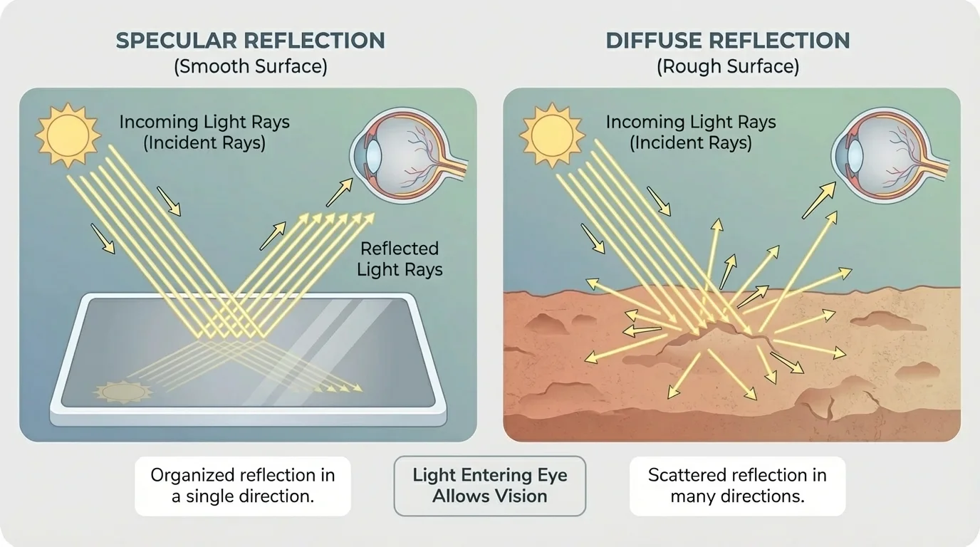 Side-by-side comparison. Left: light rays hit a smooth mirror and reflect in equal, organized directions. Right: light rays hit a rough wall and scatter in many directions. The eye is shown receiving reflected rays in both cases.