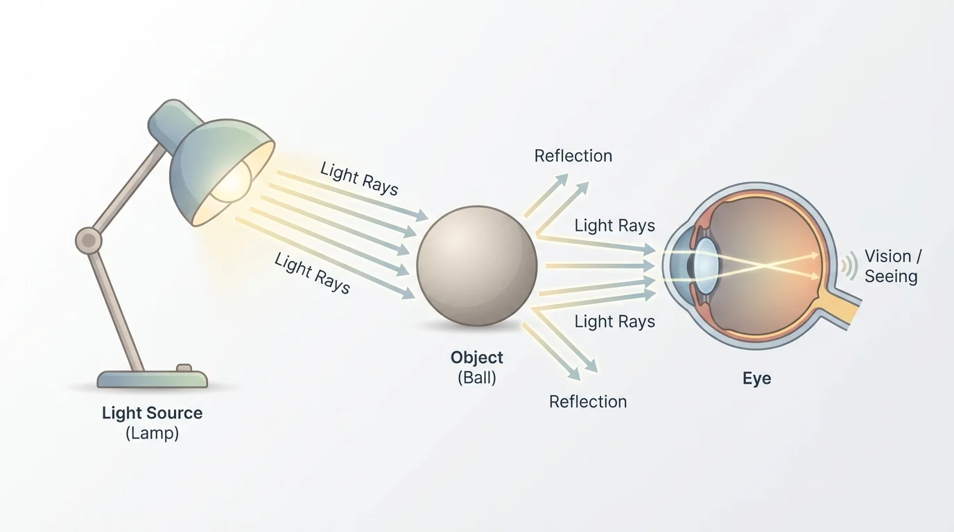 A simple ray diagram showing a light source (like a lamp), an object (a ball), and an eye. Arrows go from the lamp to the ball and then from the ball to the eye, labeled "light rays".