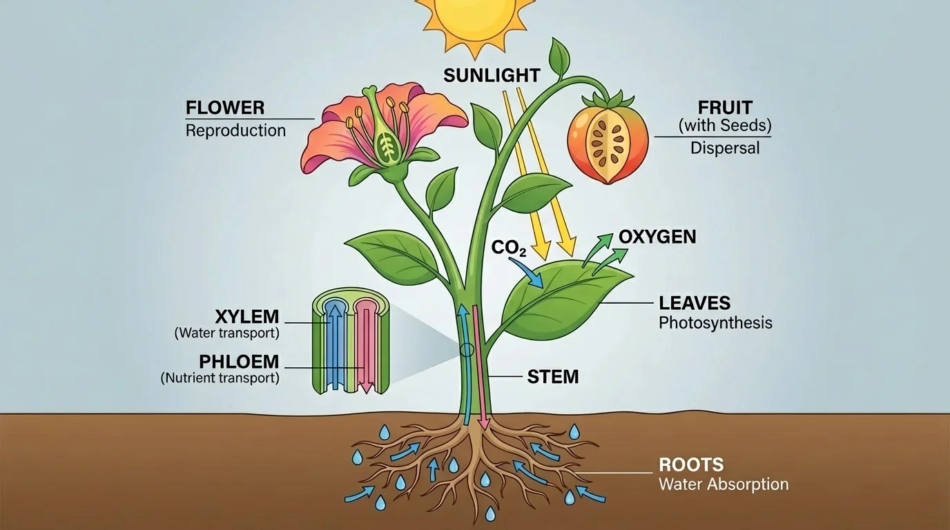 Labeled flowering plant showing roots absorbing water, stem supporting plant, leaves capturing sunlight, flower and fruit aiding reproduction