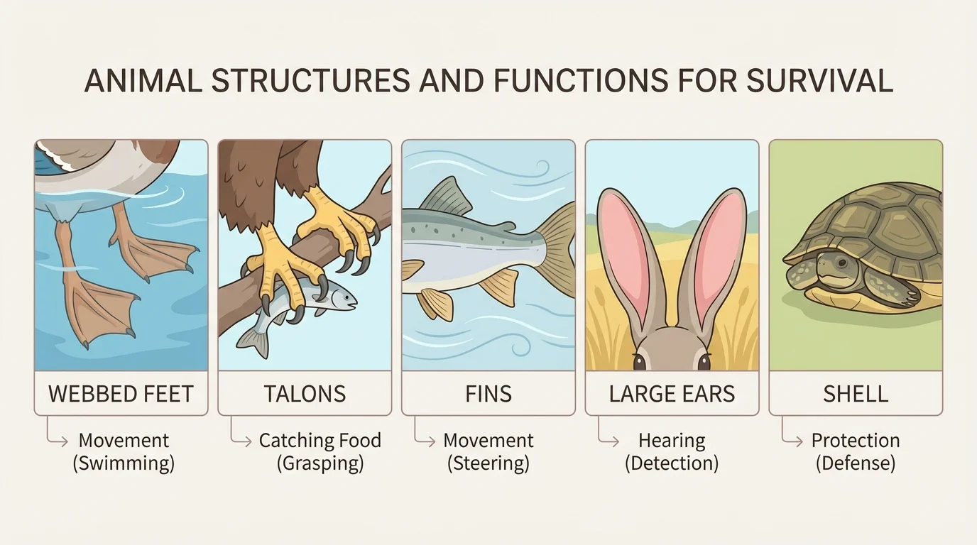 Comparison diagram of duck feet, eagle claws, fish fins, rabbit ears, and turtle shell with simple labels for movement, catching food, hearing, and protection