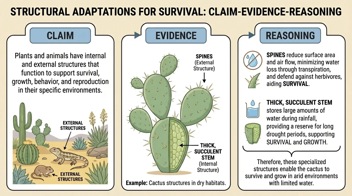 Simple claim-evidence-reasoning chart using cactus spines and thick stem as evidence for survival in dry habitats