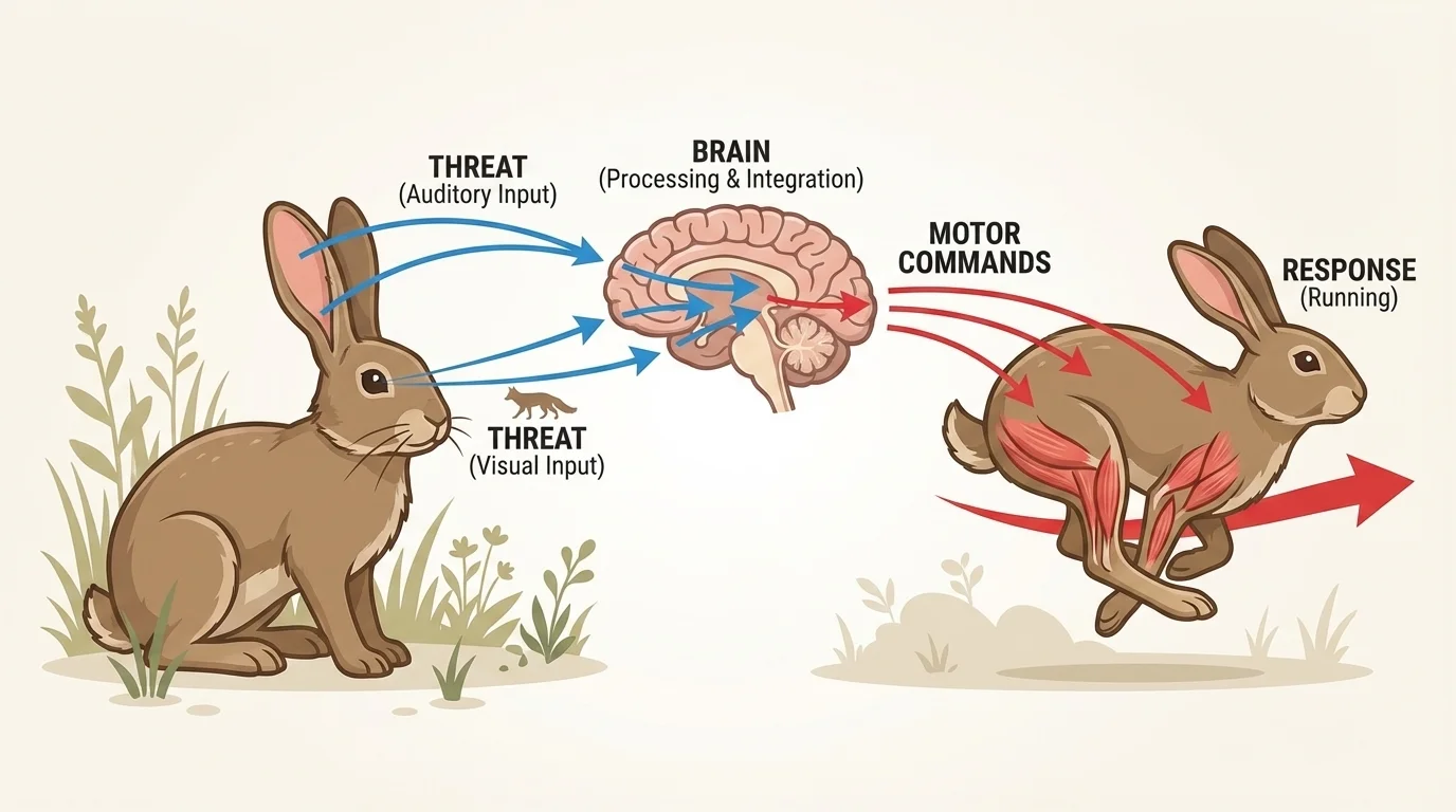 Labeled diagram of a rabbit sensing a fox, brain processing danger, and legs running away with arrows from eyes and ears to brain to leg muscles