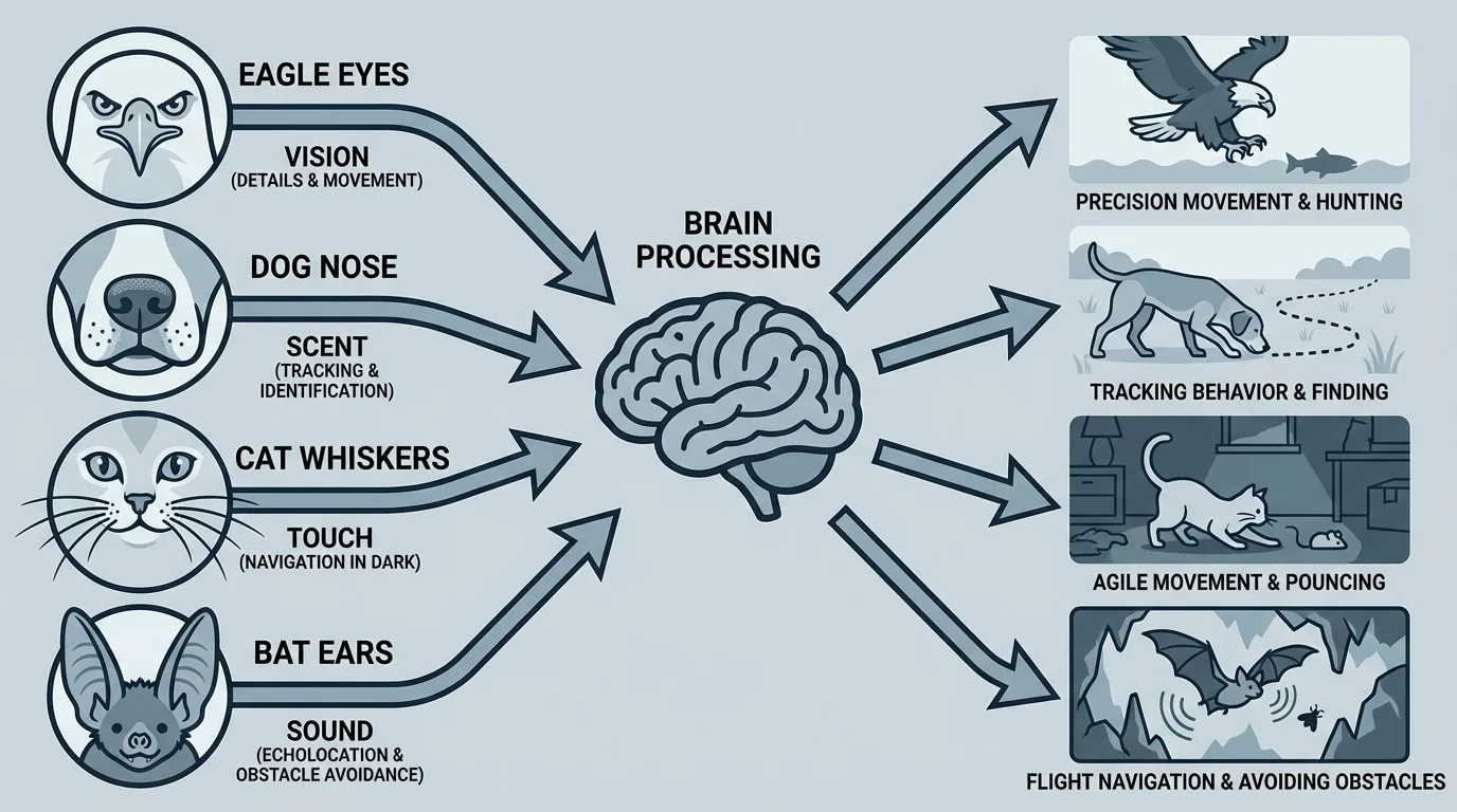 Illustration comparing eagle eyes, dog nose, cat whiskers, and bat ears with short labels on what each helps detect