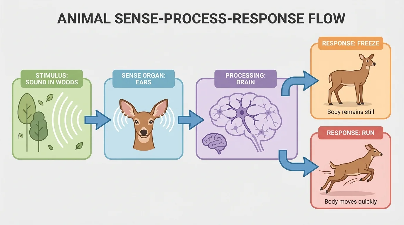 Flowchart showing sound in woods to deer ears to brain decision to freeze or run to body response
