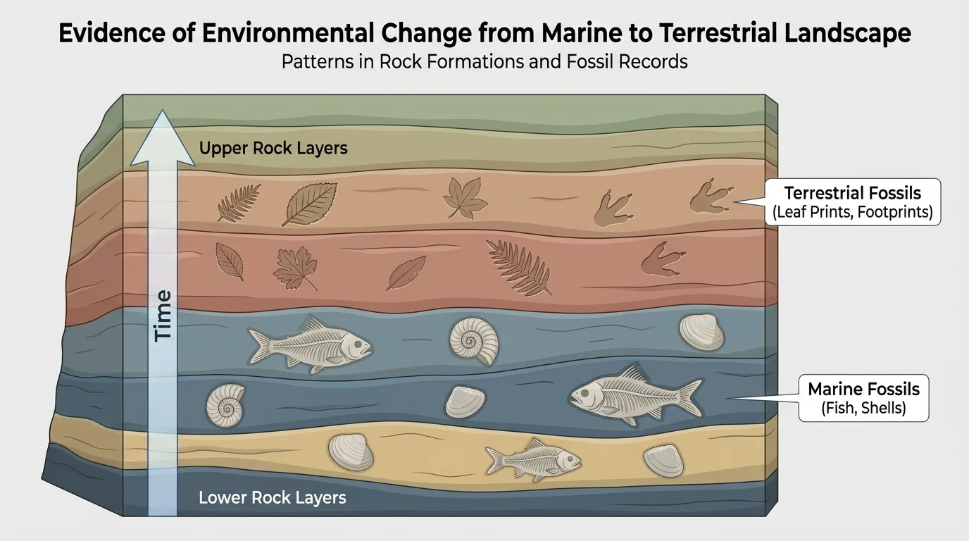 Rock wall cross-section with lower layers containing fish and shell fossils and higher layers containing leaf prints and animal footprints, showing environmental change over time