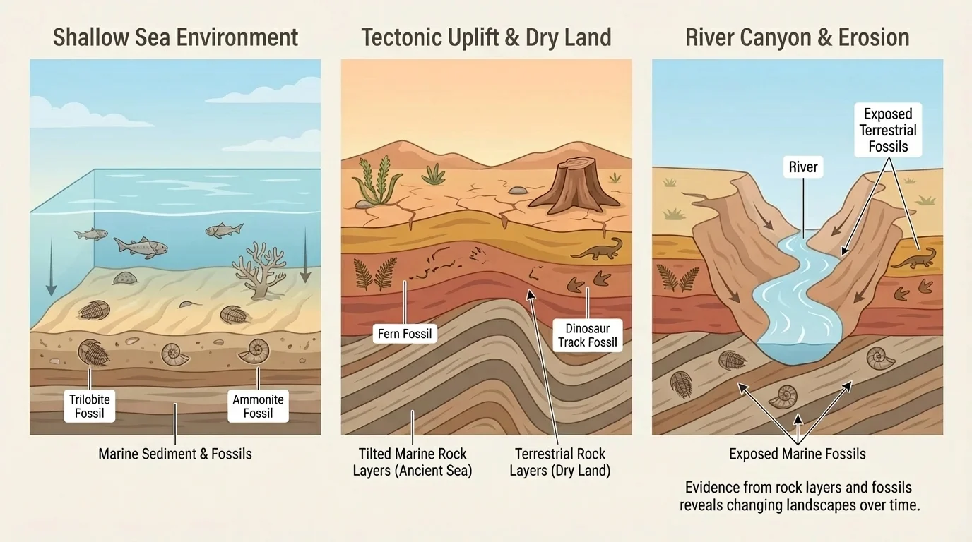 Three-panel landscape scene showing the same area first under shallow water, later as dry layered land, and later carved by a river into a valley or canyon