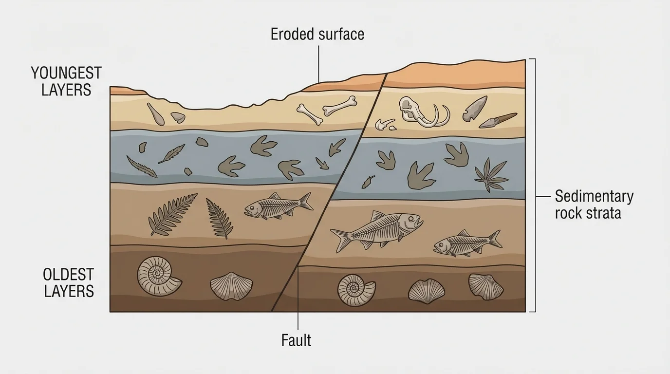 Cross-section of rock layers stacked in colored bands, lower layers older and upper layers younger, with an eroded surface and simple labels oldest and youngest