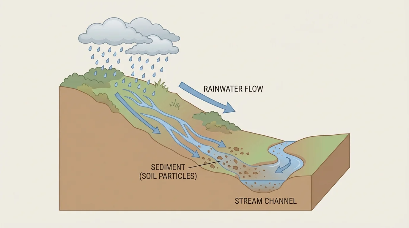 hillside with rainwater flowing downhill, soil particles moving into a small stream channel, labels for water flow and sediment