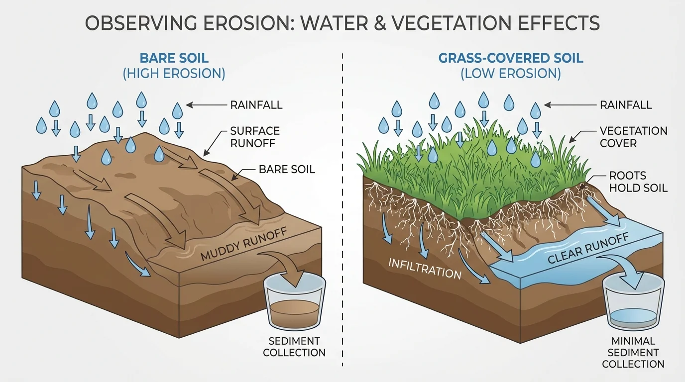 side-by-side scene of rain on bare dirt and rain on grass-covered soil, with more muddy runoff from bare soil and roots holding soil on grass side