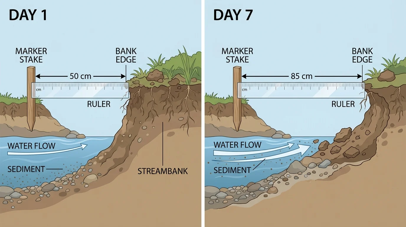 two views of a streambank, one labeled day 1 and one labeled day 7, ruler measuring distance from a marker stake to the bank edge
