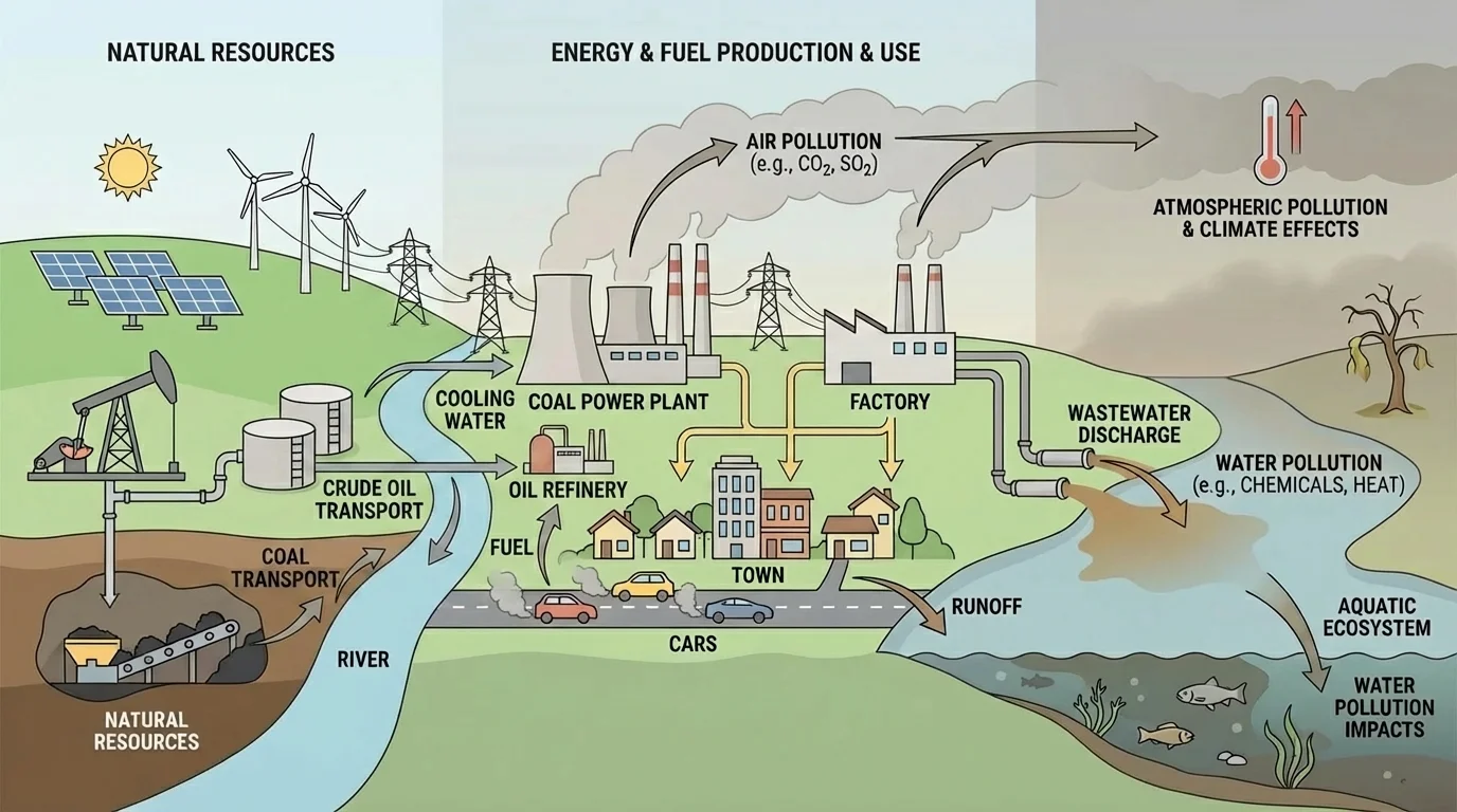 town scene with cars, a factory, a power plant, a river, trees, and animals, showing arrows for air pollution and water pollution effects