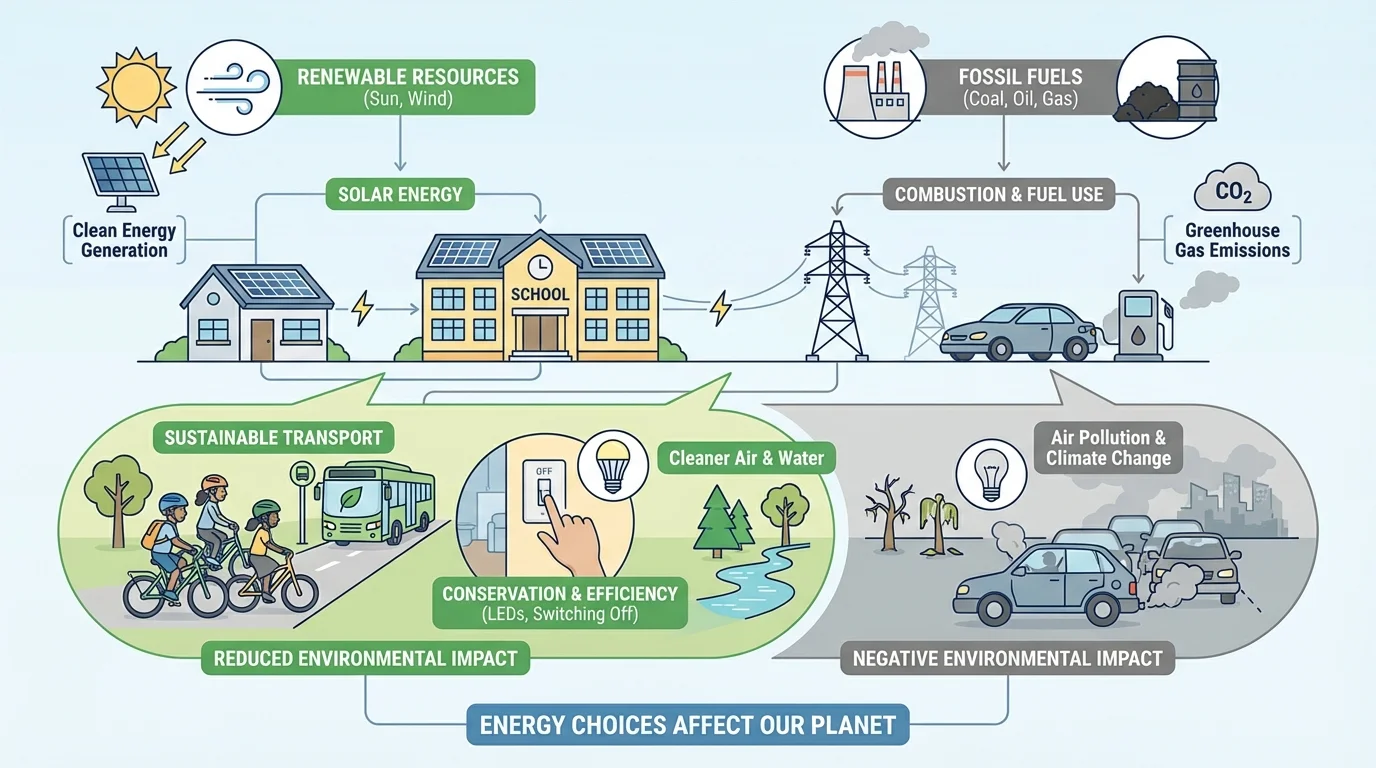 home and school using solar panels, a bus stop, students biking, LED lights, and a person switching off unused lights