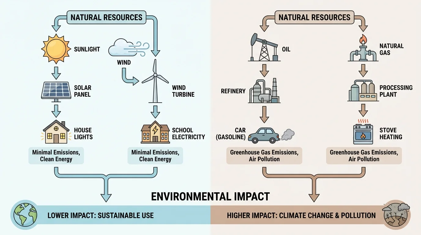 flowchart connecting sunlight to solar panel to house lights, wind to turbine to school electricity, oil to gasoline to car, and natural gas to stove heating