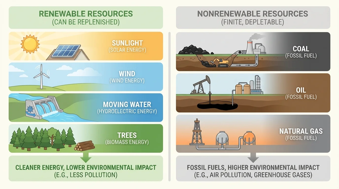comparison chart showing sunlight, wind, moving water, and trees as renewable resources and coal, oil, and natural gas as nonrenewable resources