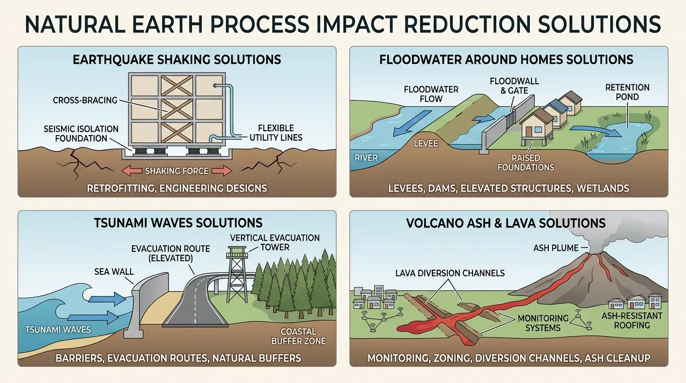 Four-panel diagram showing earthquake shaking buildings, floodwater around homes, tsunami waves reaching shore, and a volcano releasing ash and lava