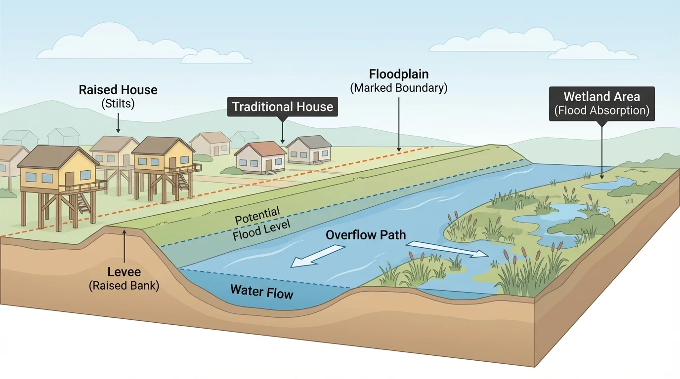 Illustration of a river town with levee, wetland area, raised houses, and marked floodplain
