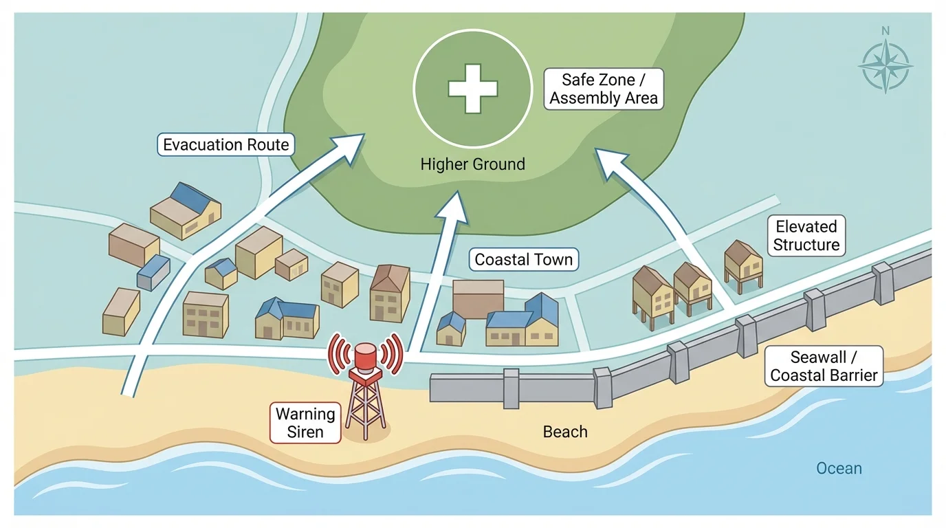 Map of a coastal town with beach, warning siren, arrows to higher ground, and safe zone